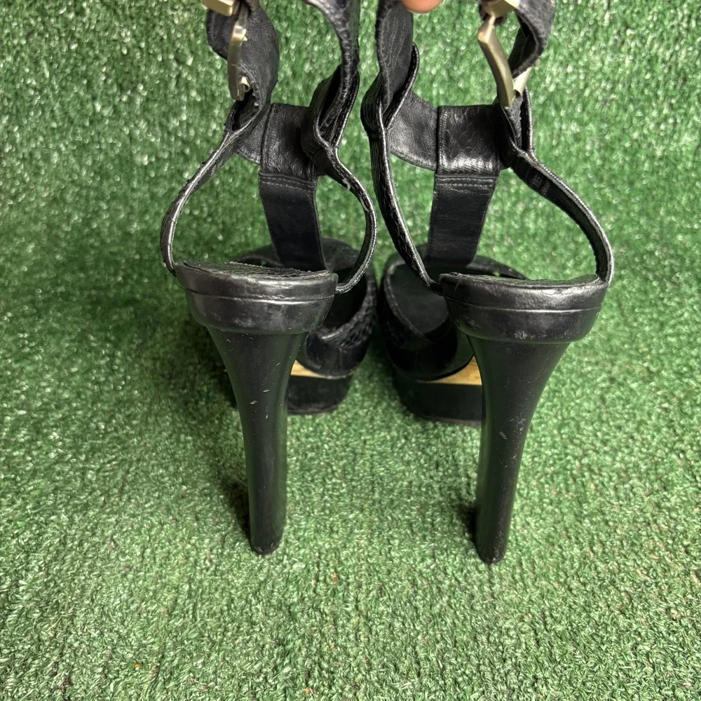Brian Atwood Beaumont Snakeskin Platform Ankle Strap Sandals Black Womens Size 8